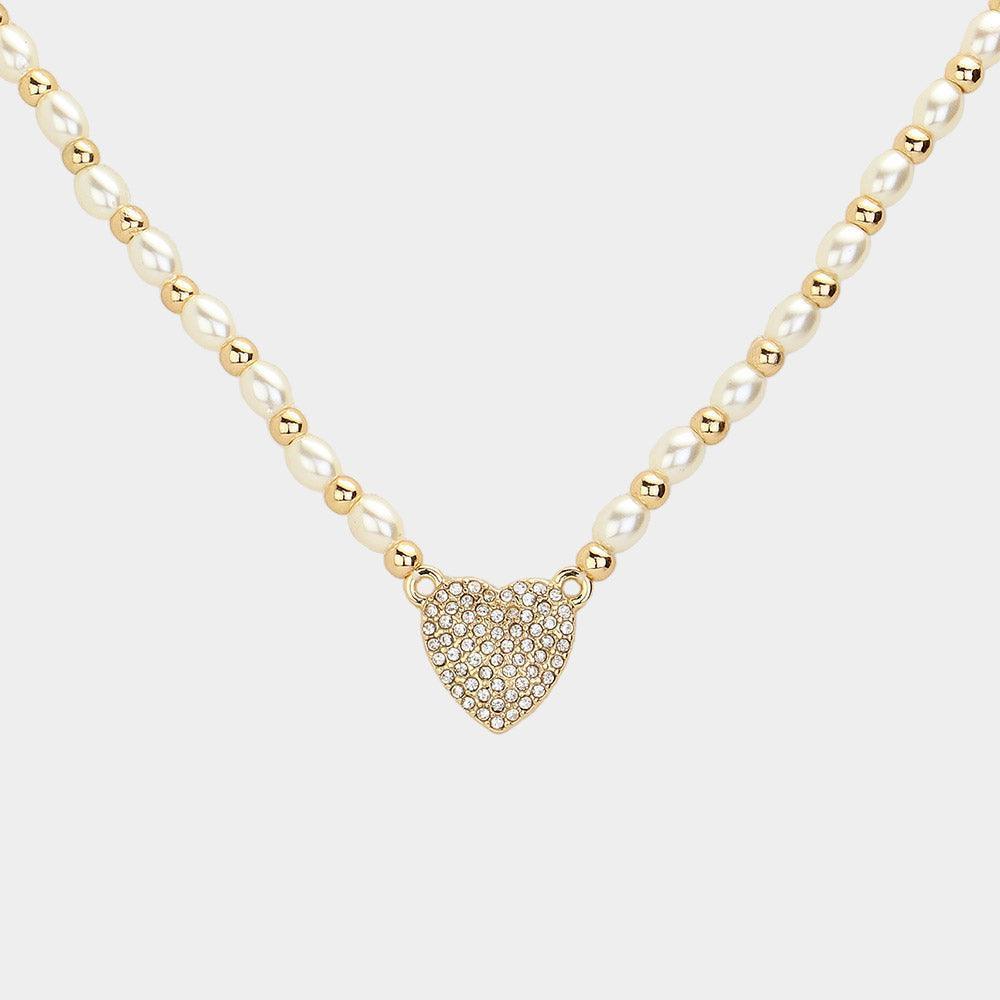 Gold Stone Paved Heart Pendant Pearl Necklace - Jewelry Store by Erik Rayo