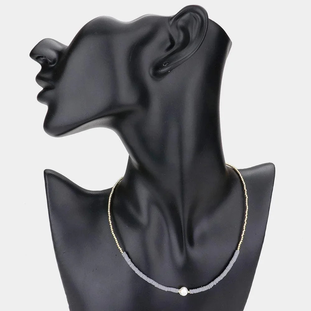 Silver Freshwater Pearl Accented Metal Ball Heishi Beaded Necklace - Jewelry Store by Erik Rayo