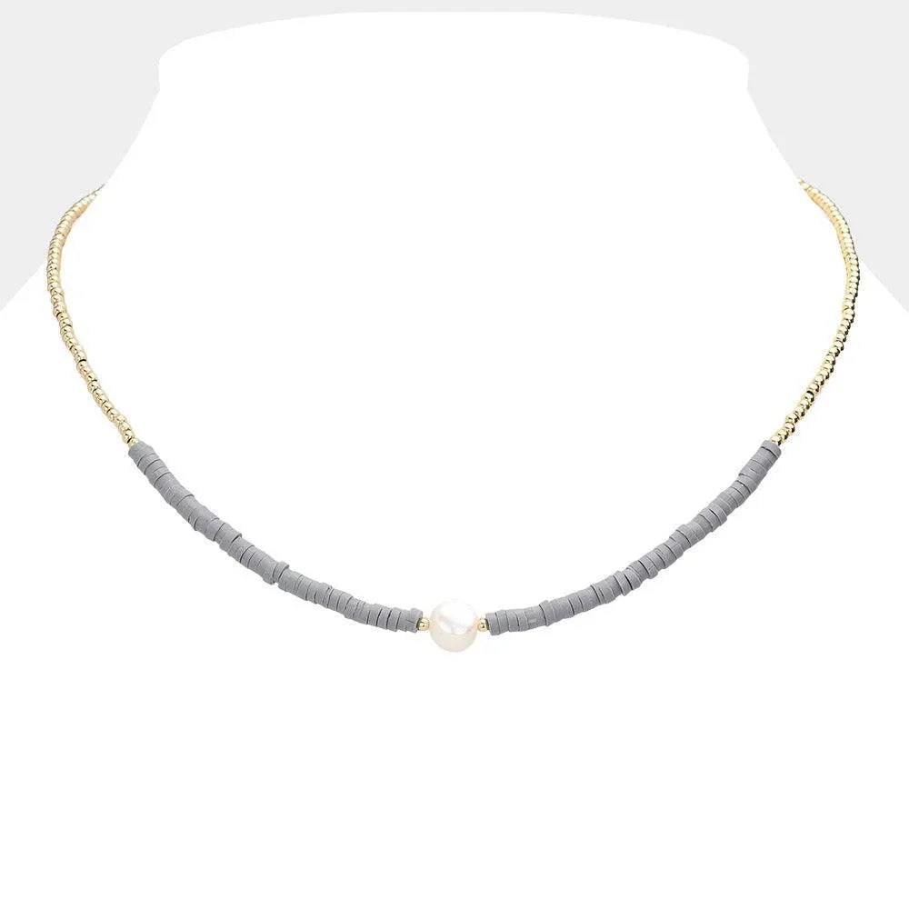Silver Freshwater Pearl Accented Metal Ball Heishi Beaded Necklace - Jewelry Store by Erik Rayo