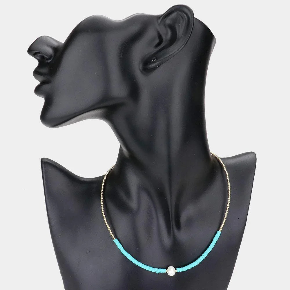 Turquoise Freshwater Pearl Accented Metal Ball Heishi Beaded Necklace - Jewelry Store by Erik Rayo