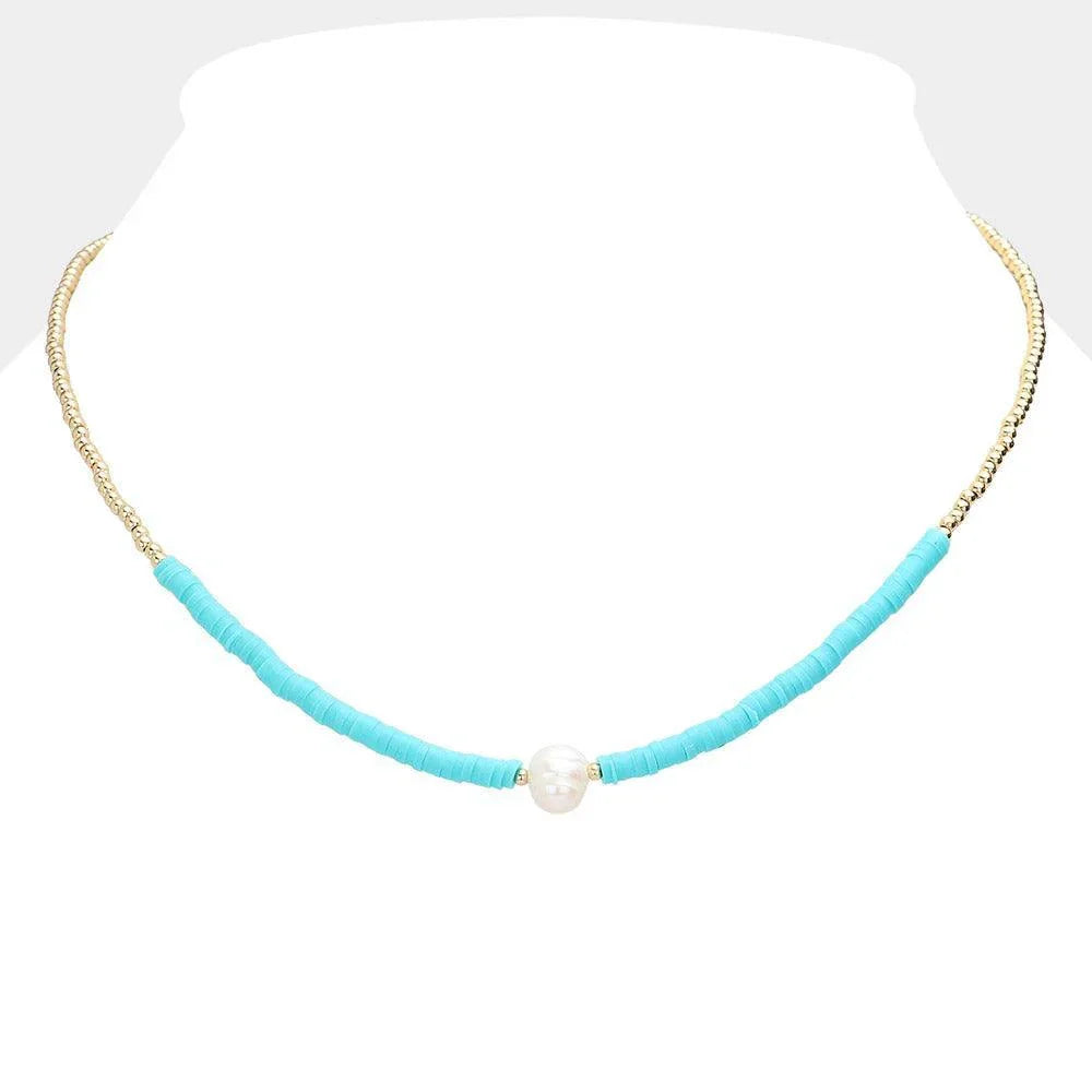 Turquoise Freshwater Pearl Accented Metal Ball Heishi Beaded Necklace - Jewelry Store by Erik Rayo