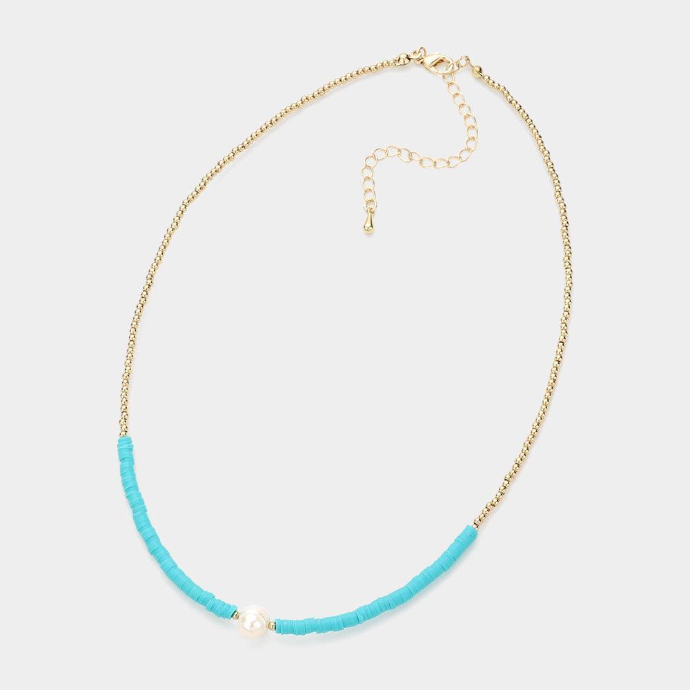 Turquoise Freshwater Pearl Accented Metal Ball Heishi Beaded Necklace - Jewelry Store by Erik Rayo