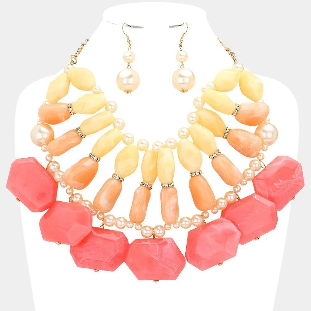Coral Pearl Detailed Abstract Stone Cluster Statement Necklace - Jewelry Store by Erik Rayo