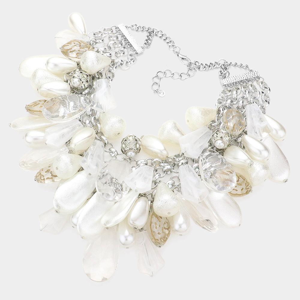 White Pearl Lucite Teardrop Cluster Vine Necklace