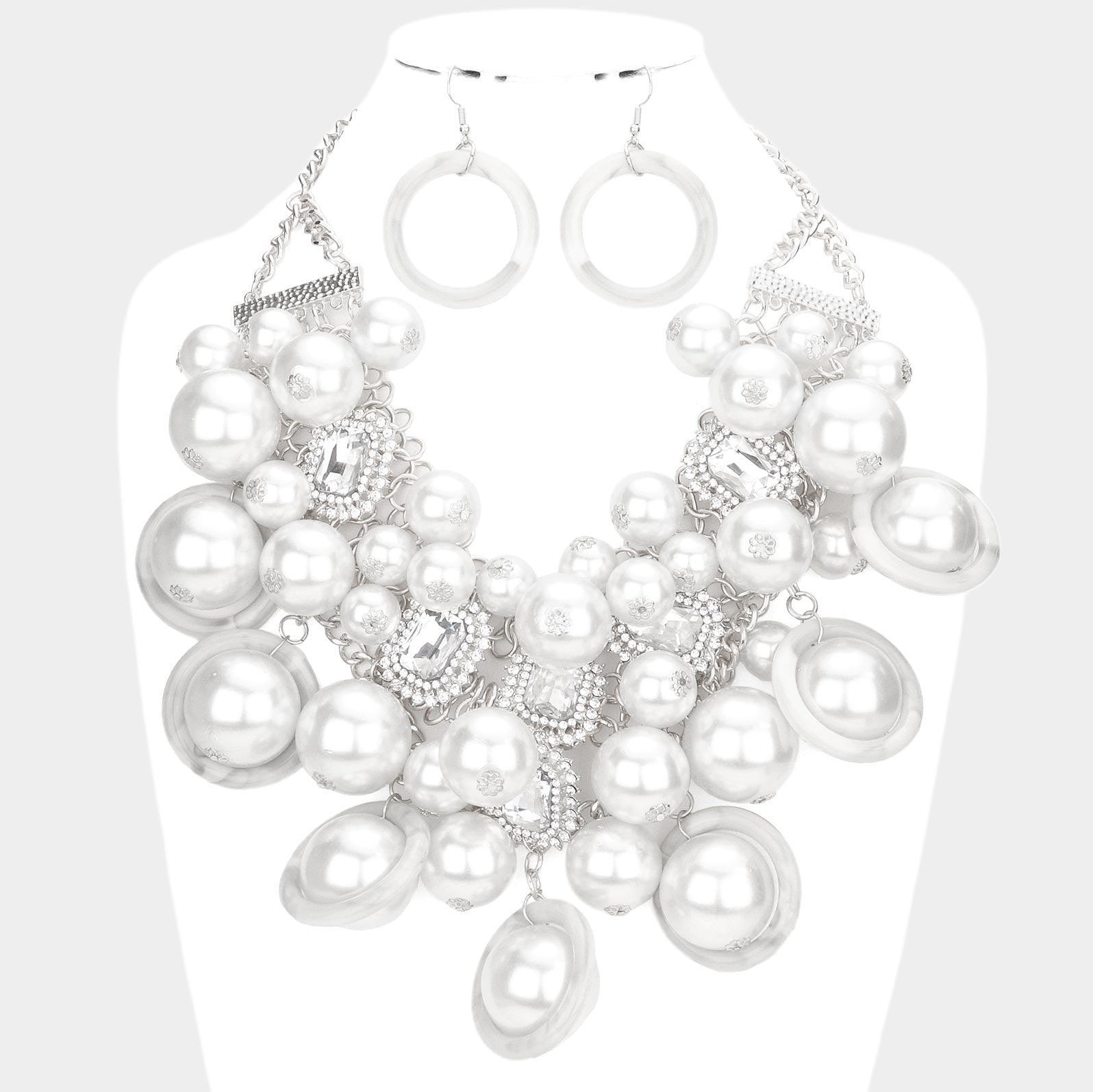 White Pearl Cluster Statement Necklace