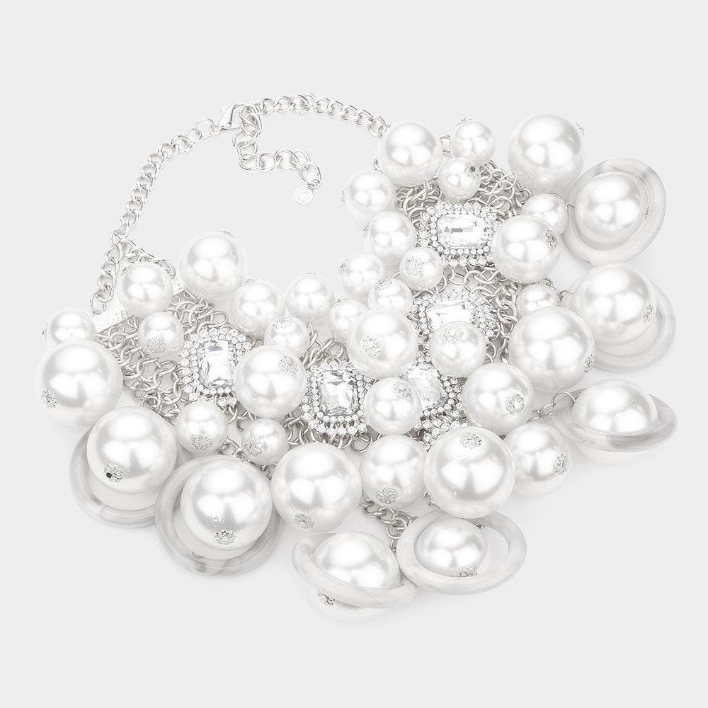 White Pearl Cluster Statement Necklace