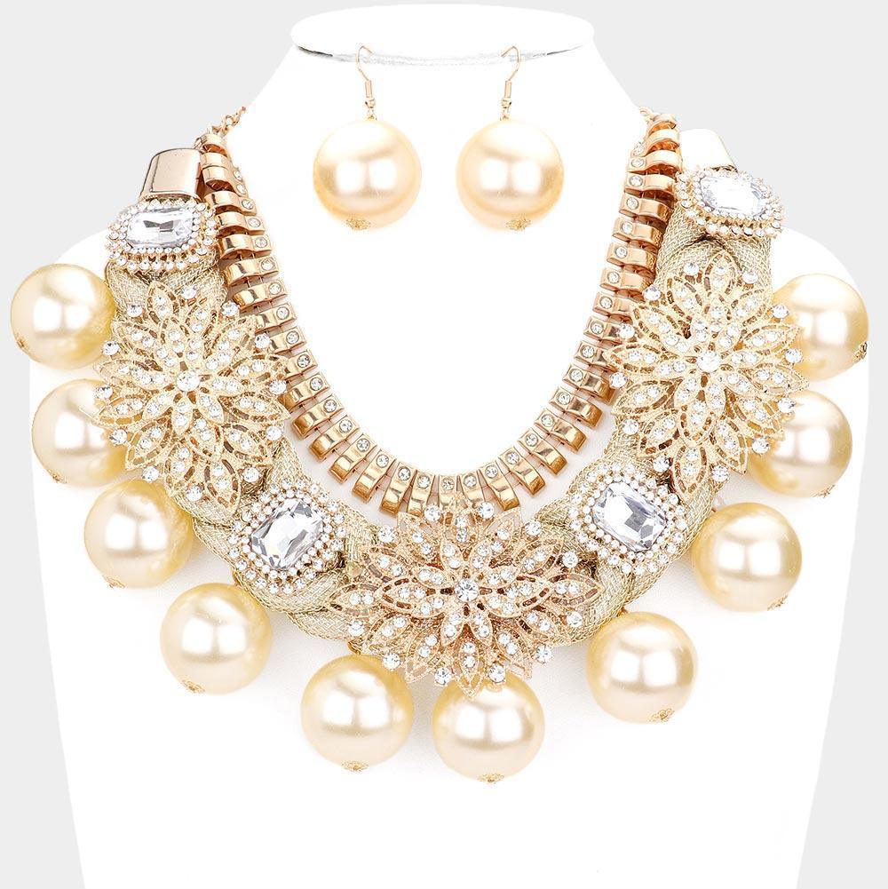 Gold Flower Stone Pave Accented Pearl Statement Necklace - Jewelry Store by Erik Rayo