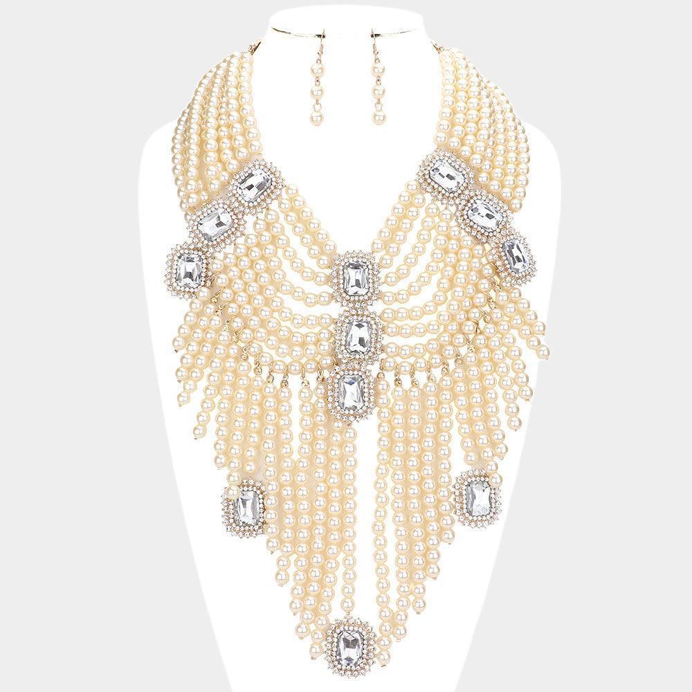 Cream Stone Accented Pearl Fringe Statement Necklace - Jewelry Store by Erik Rayo