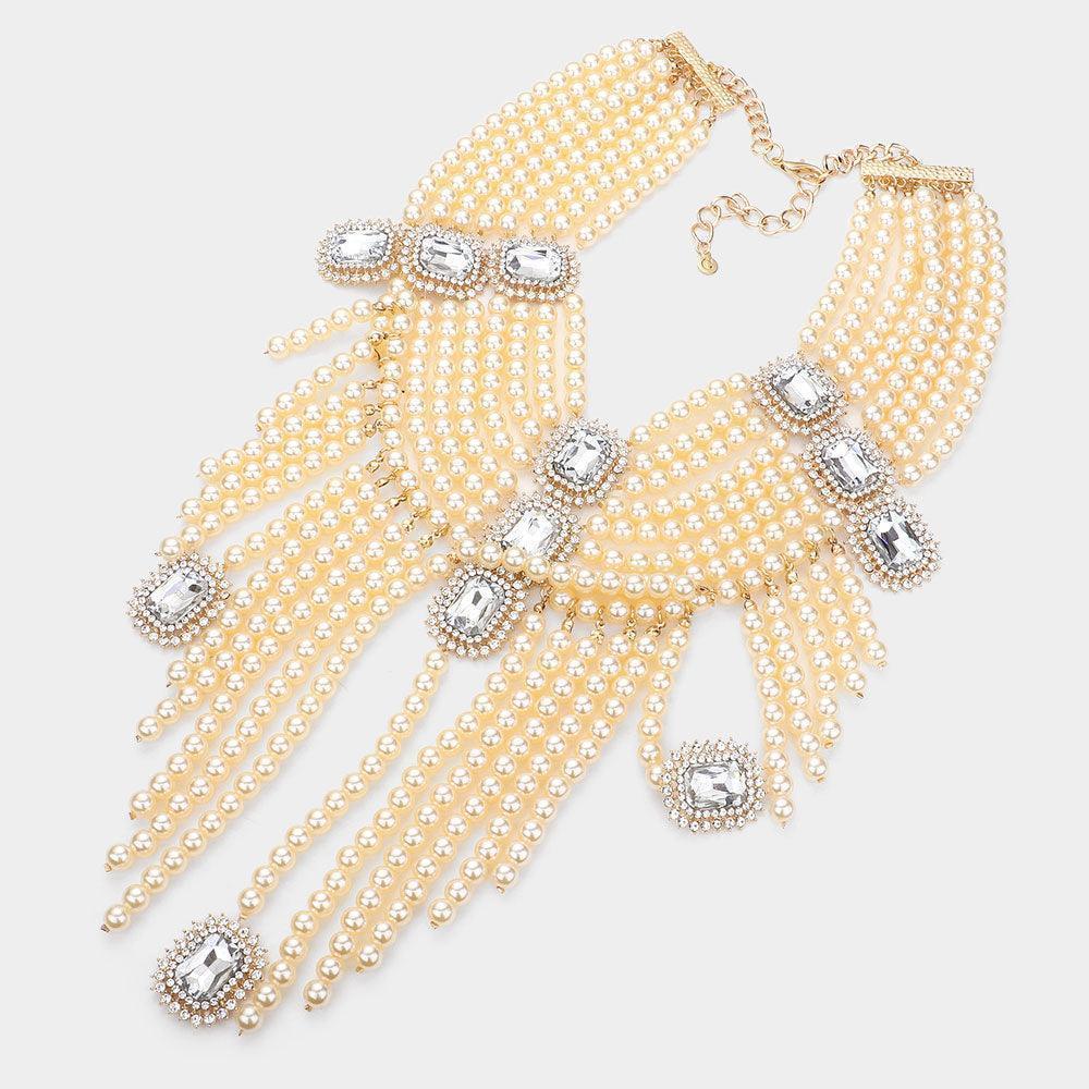 Cream Stone Accented Pearl Fringe Statement Necklace - Jewelry Store by Erik Rayo