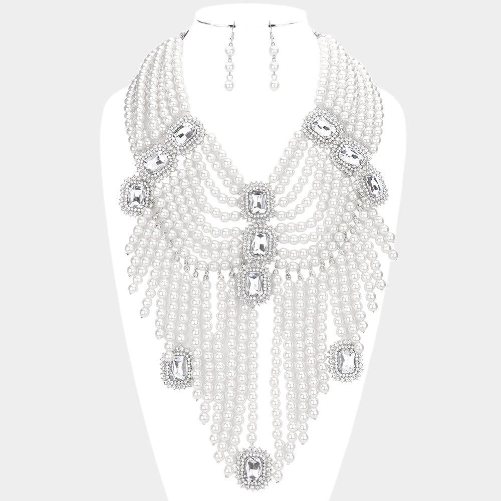 White Stone Accented Pearl Fringe Statement Necklace