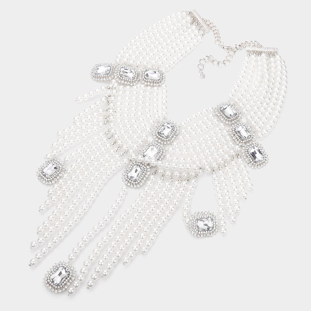 White Stone Accented Pearl Fringe Statement Necklace