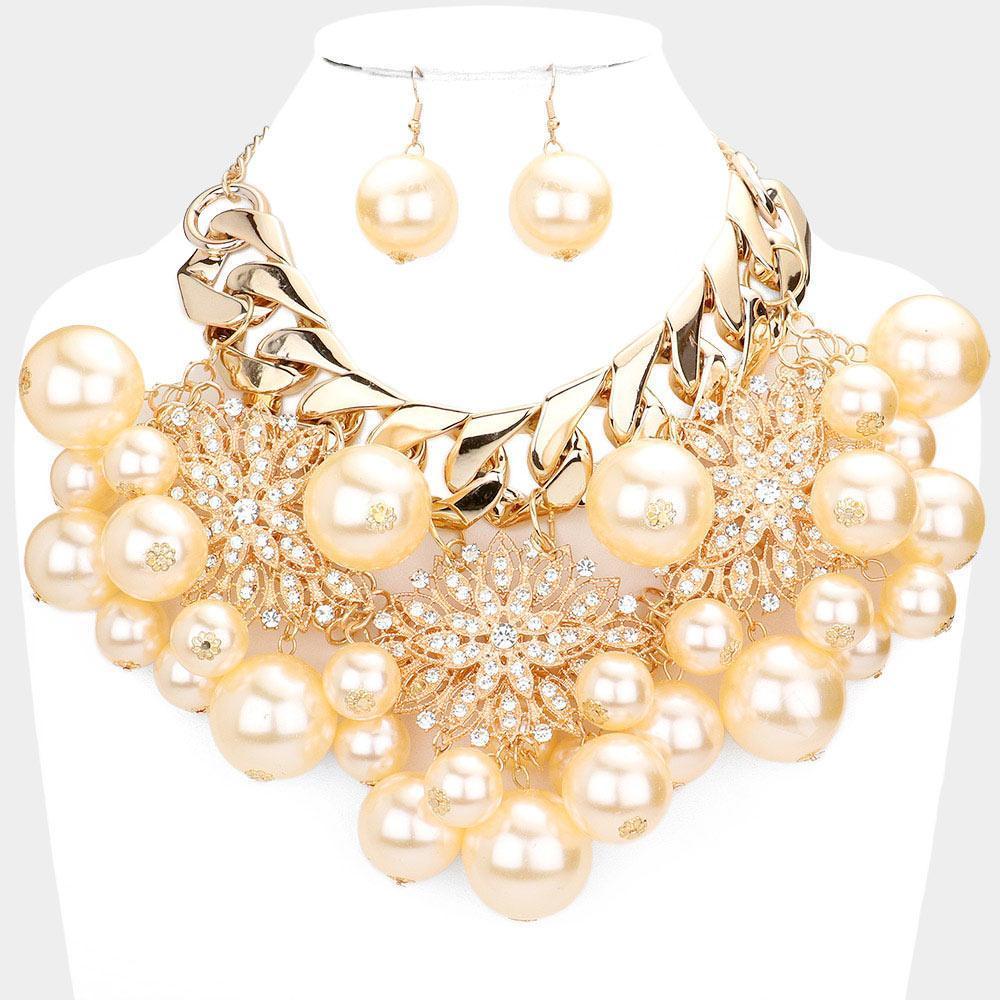 Cream Flower Stone Pave Accented Pearl Statement Necklace - Jewelry Store by Erik Rayo