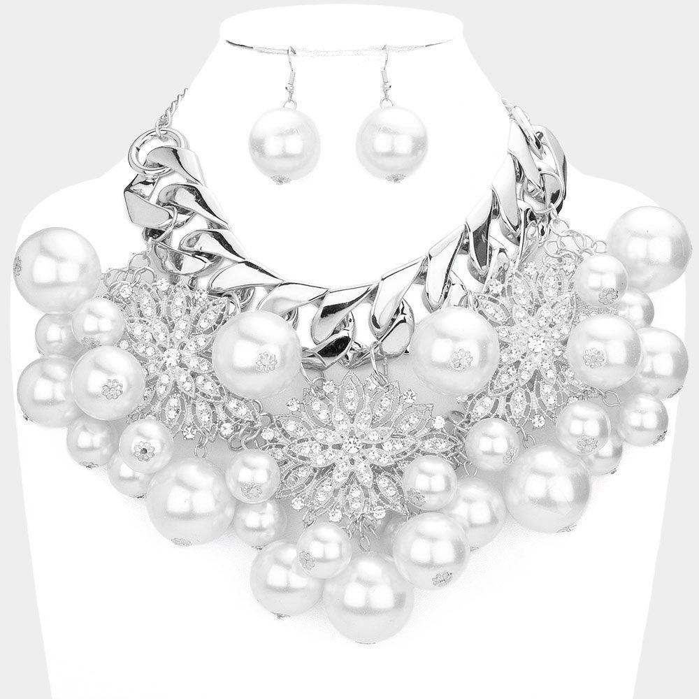 White Flower Stone Pave Accented Pearl Statement Necklace - Jewelry Store by Erik Rayo