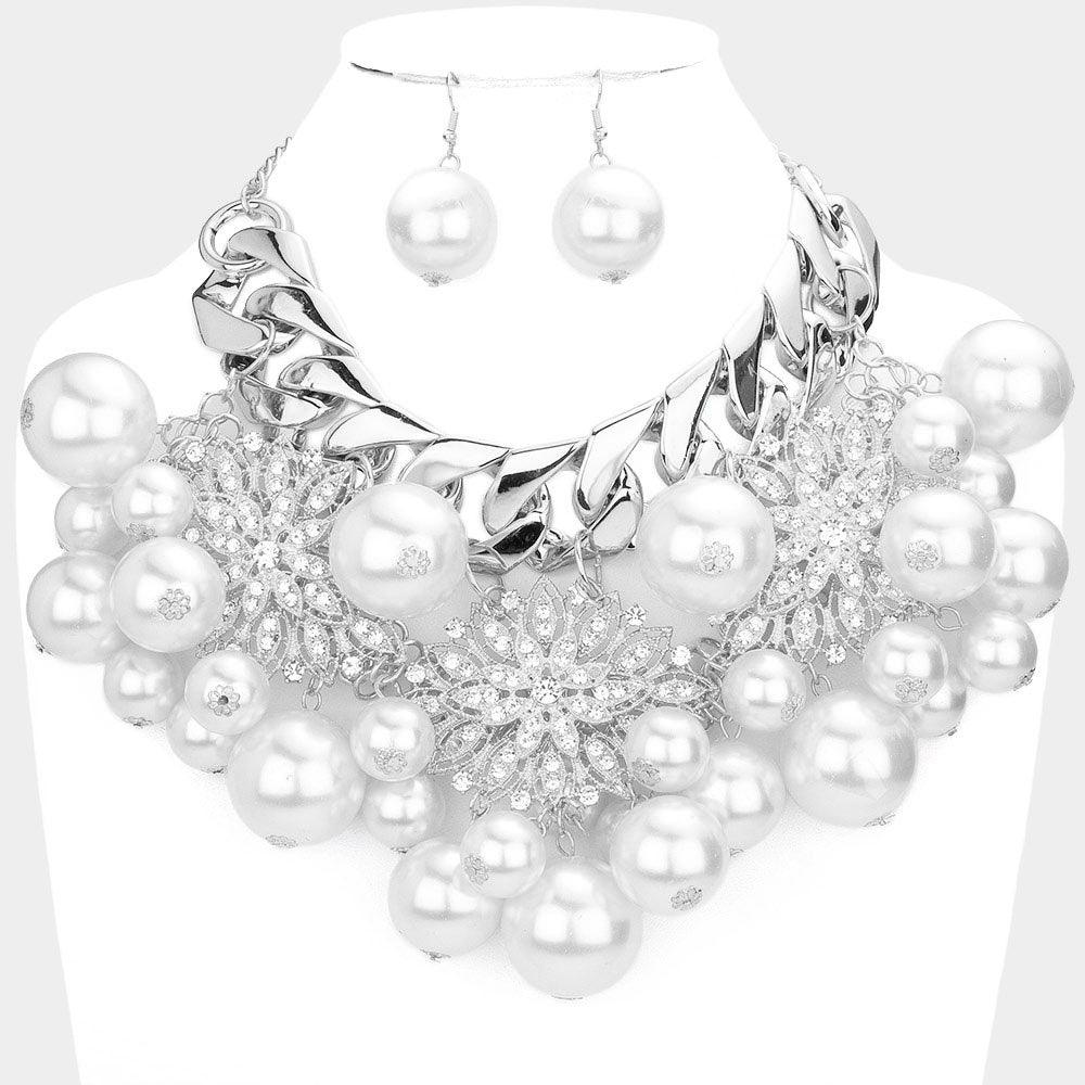 White Flower Stone Pave Accented Pearl Statement Necklace