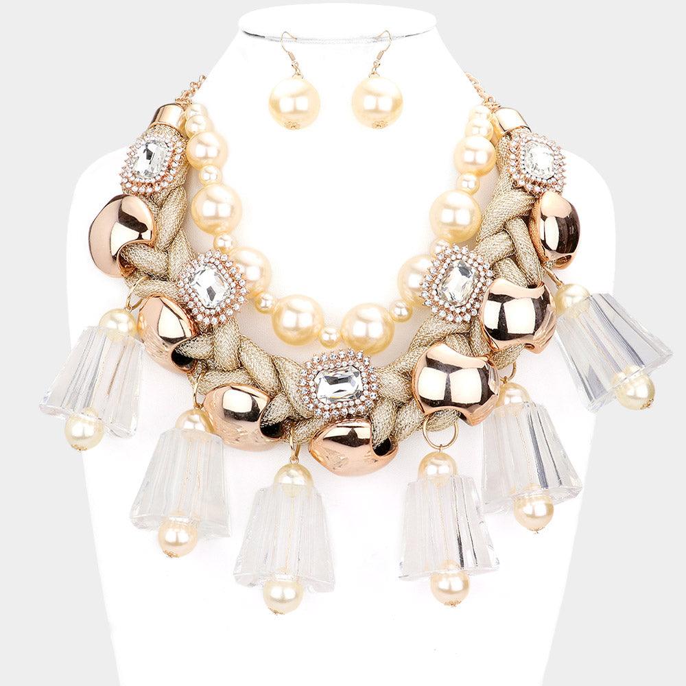 Pearl Chunky Lucite Cord Braided Statement Necklace