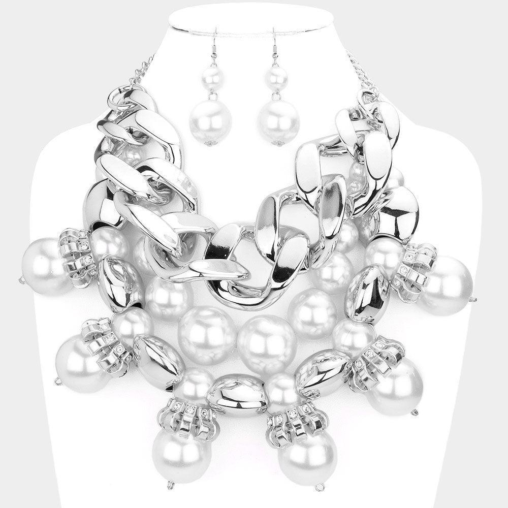 White Chunky Chain Pearl Bib Necklace - Jewelry Store by Erik Rayo