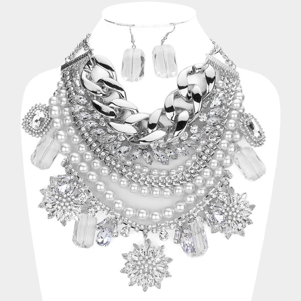 Multi Stone Pendants Embellished Pearl Statement Necklace