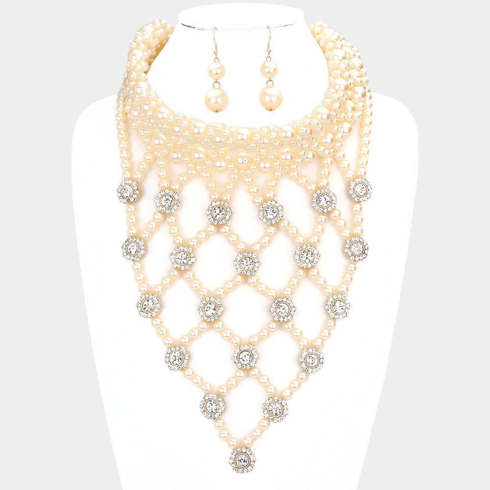 Cream Flower Stone Embellished Pearl Statement Necklace - Jewelry Store by Erik Rayo
