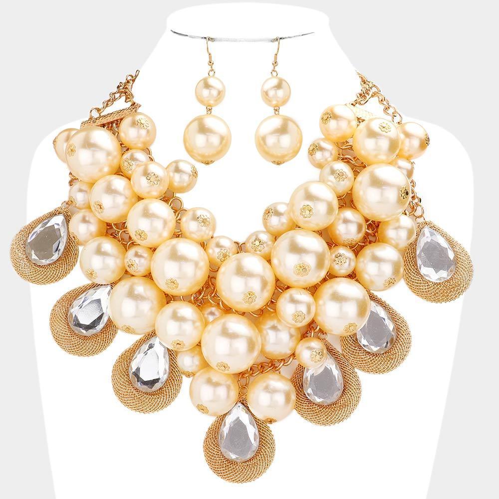 Cream Teardrop Stone Accented Pearl Cluster Necklace - Jewelry Store by Erik Rayo