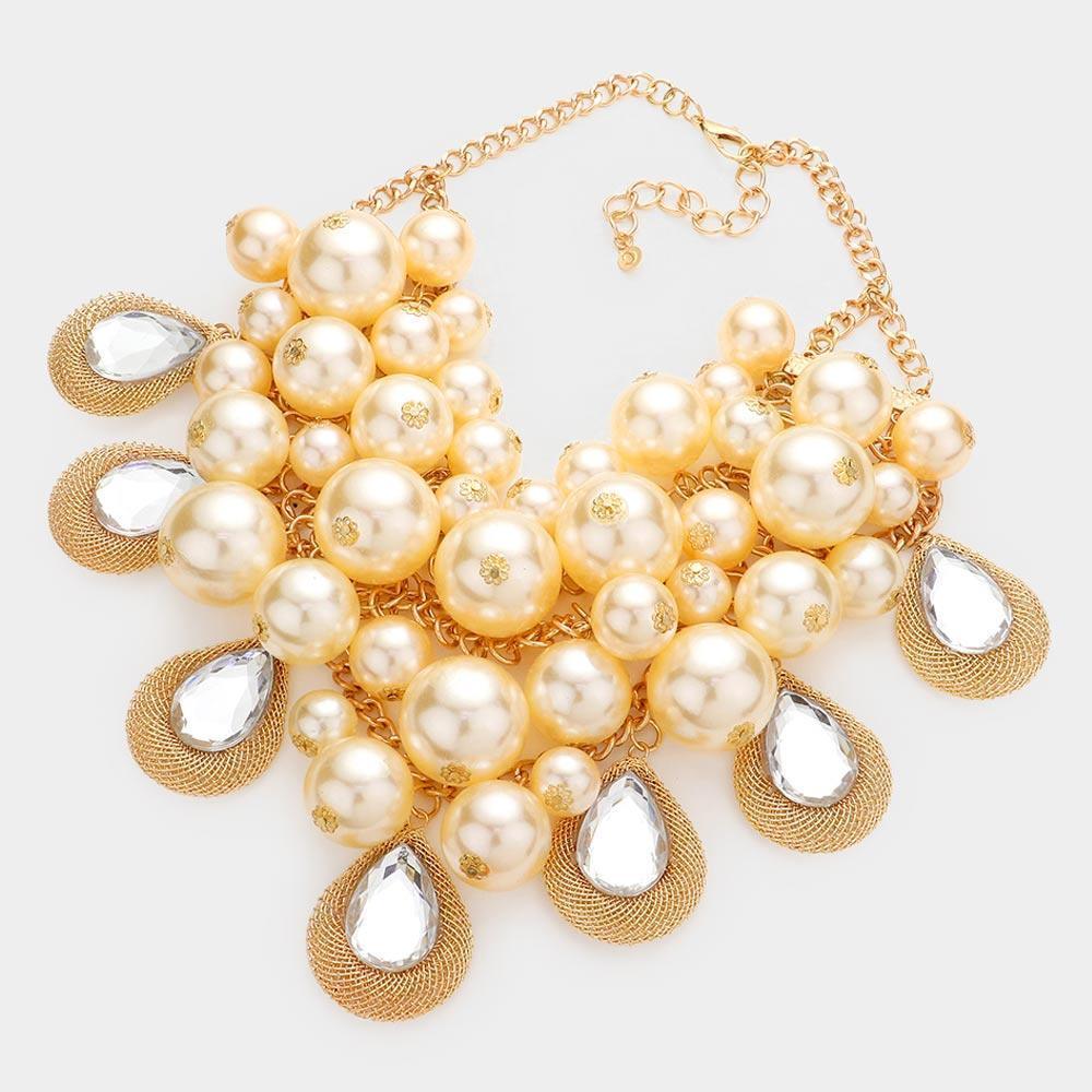 Cream Teardrop Stone Accented Pearl Cluster Necklace - Jewelry Store by Erik Rayo