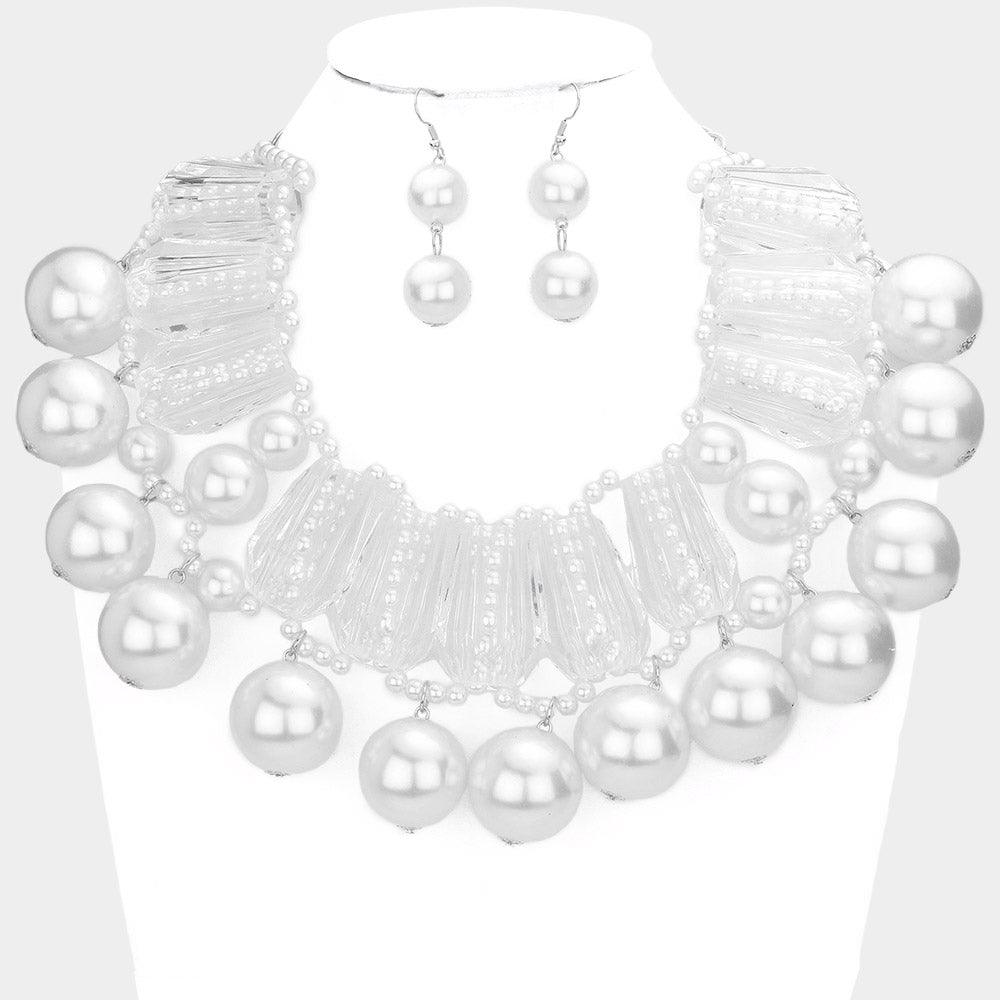 White Chunky Acetate Bar Pearl Statement Necklace