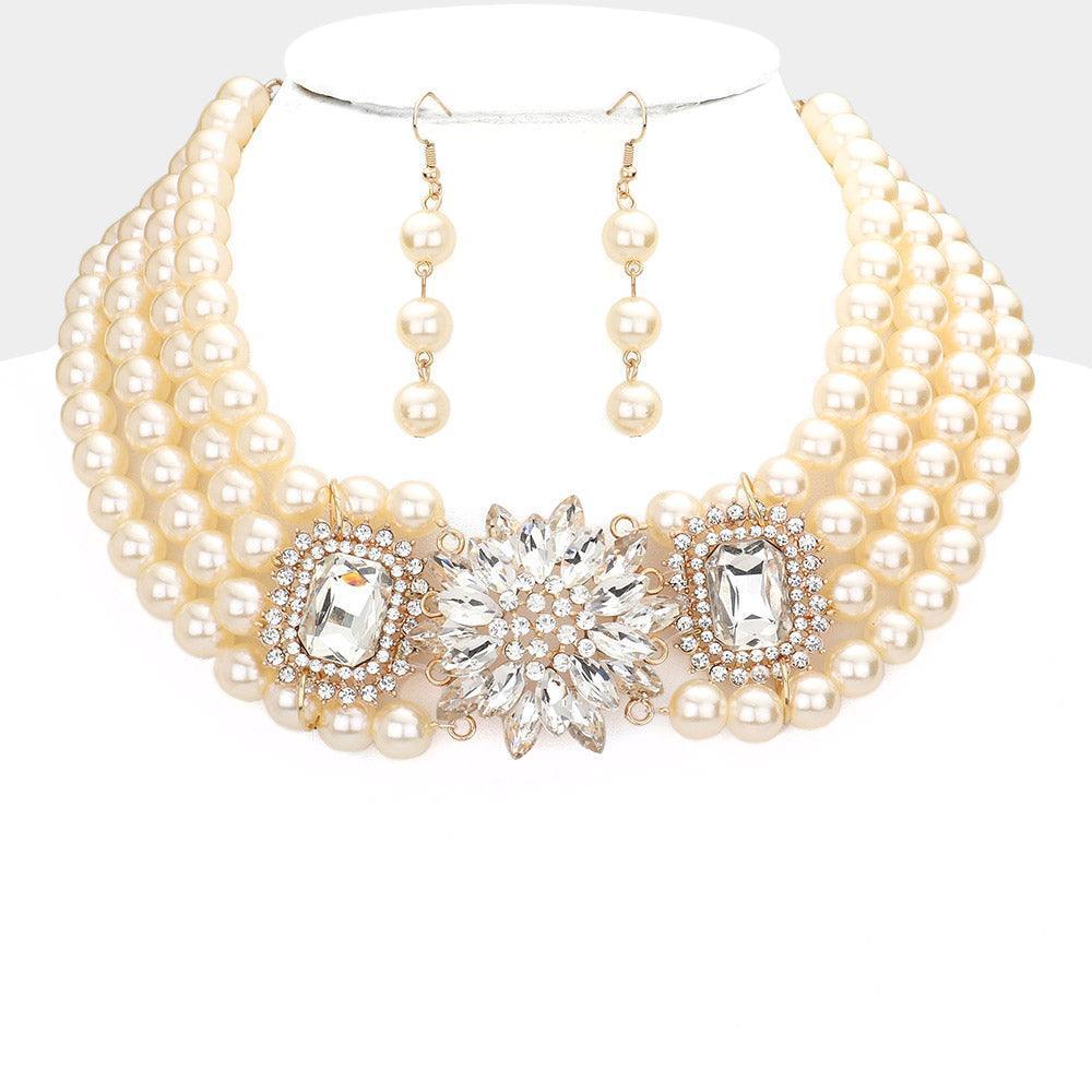Gold Marquise Stone Flower Pendants Accented Pearl Necklace Rhinestone Paved - Jewelry Store by Erik Rayo