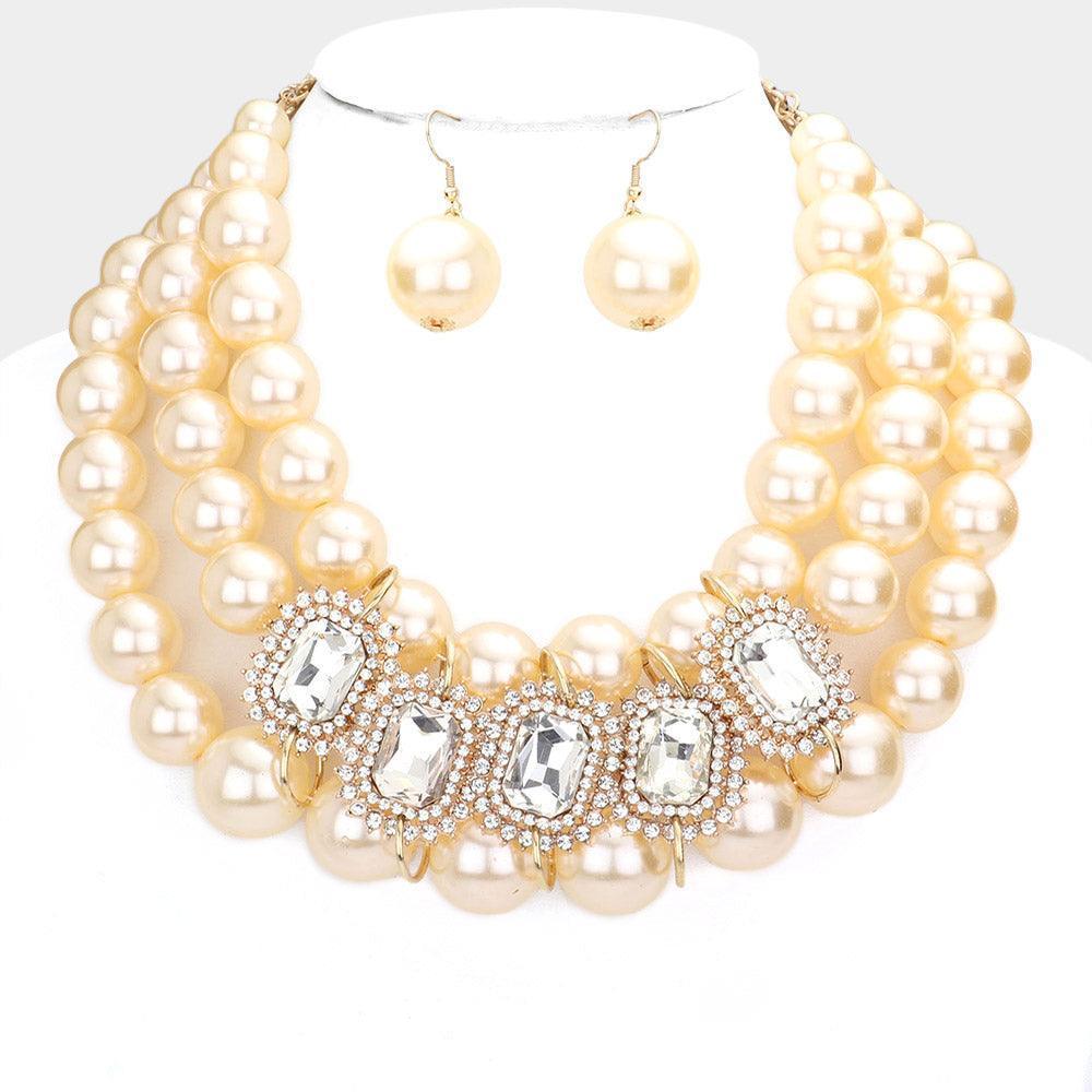 Gold Stone Accented Pearl Necklace Rhinestone Paved - Jewelry Store by Erik Rayo