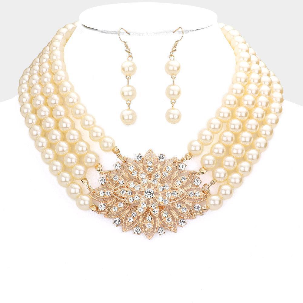 Gold Flower Accented Pearl Necklace Rhinestone Paved - Jewelry Store by Erik Rayo