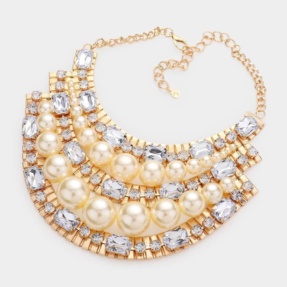 Cream Round Emerald Cut Stone Embellished Pearl Necklace - Jewelry Store by Erik Rayo