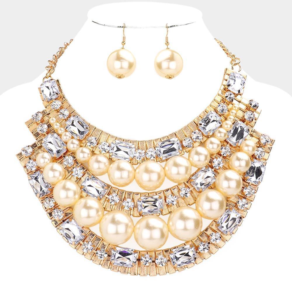 Cream Round Emerald Cut Stone Embellished Pearl Necklace - Jewelry Store by Erik Rayo