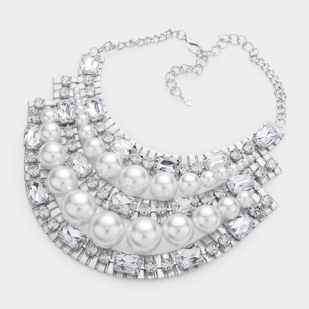 White Round Emerald Cut Stone Embellished Pearl Necklace