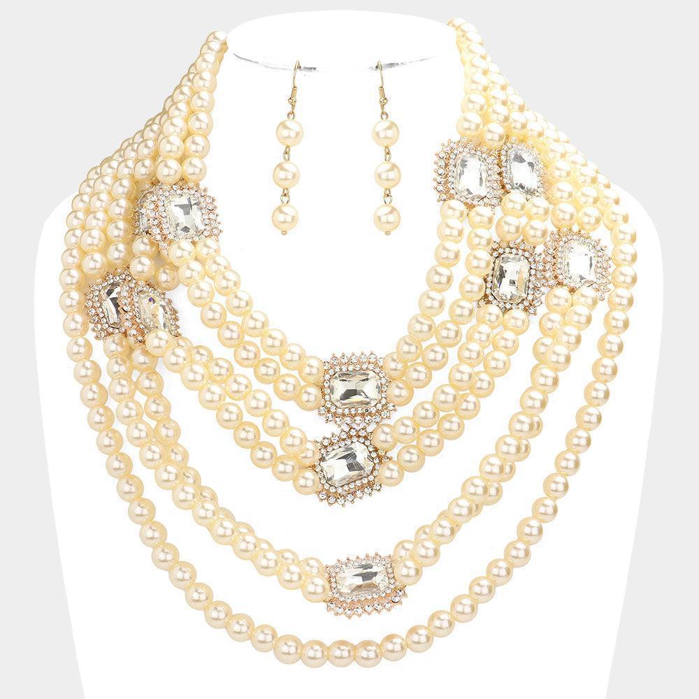 Cream Stone Embellished Multi Layered Pearl Bib Necklace - Jewelry Store by Erik Rayo