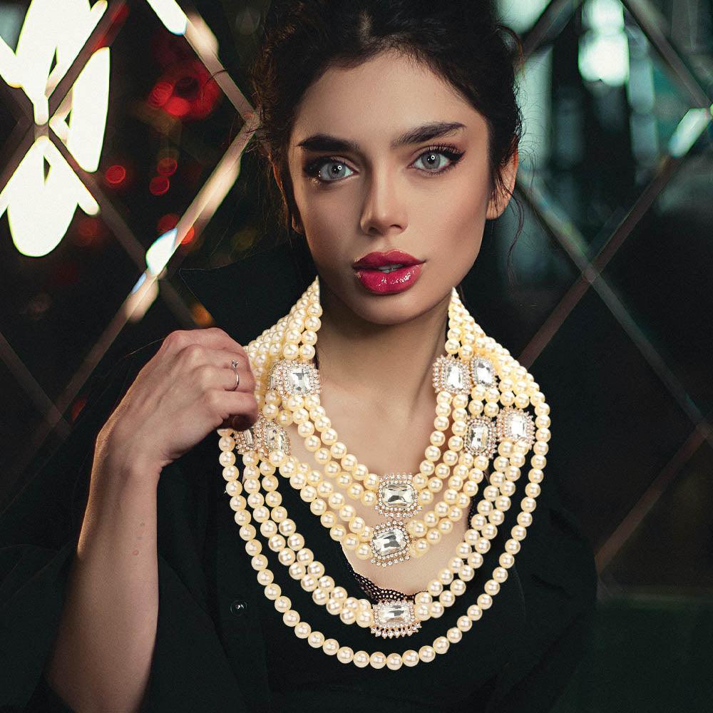 Cream Stone Embellished Multi Layered Pearl Bib Necklace - Jewelry Store by Erik Rayo