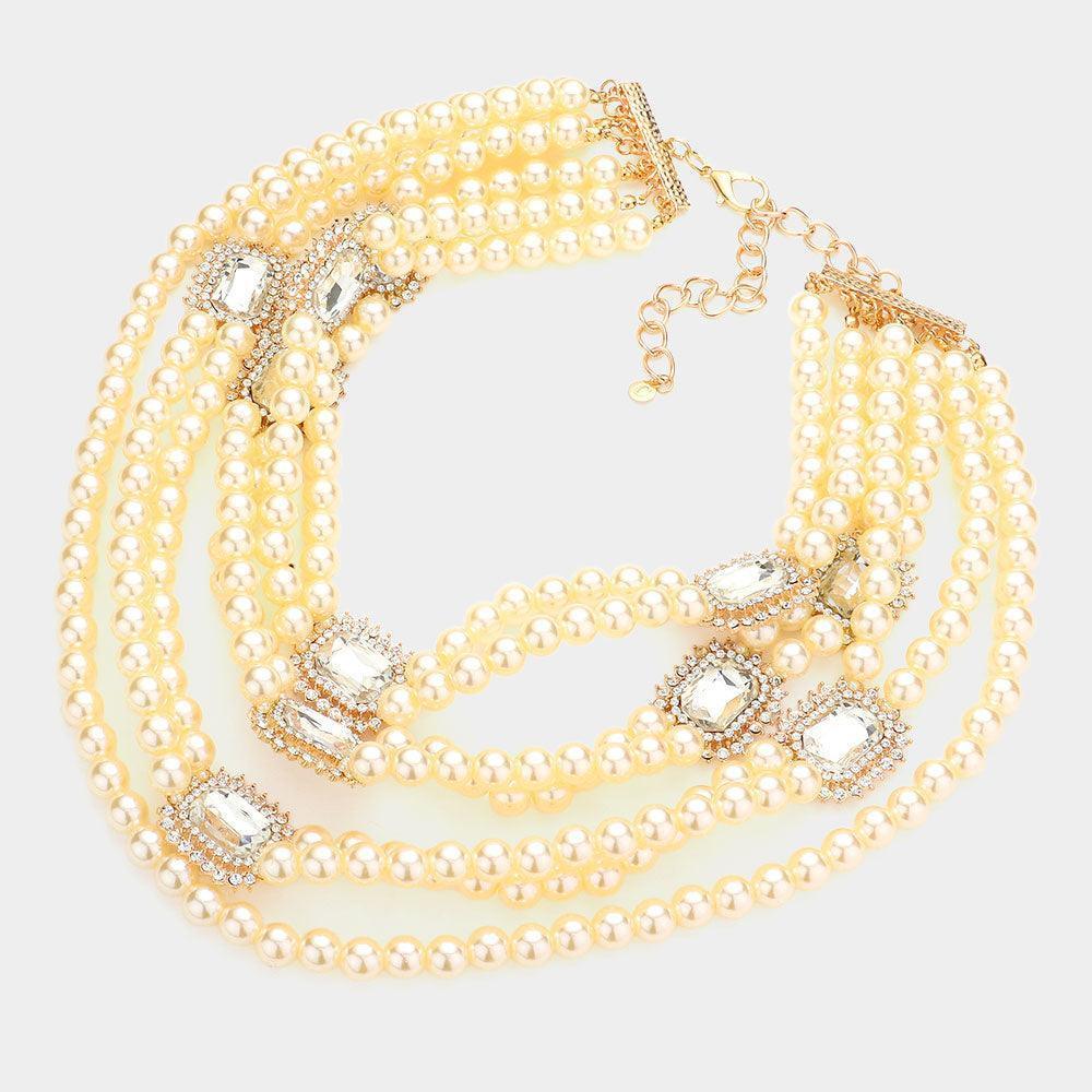 Cream Stone Embellished Multi Layered Pearl Bib Necklace - Jewelry Store by Erik Rayo