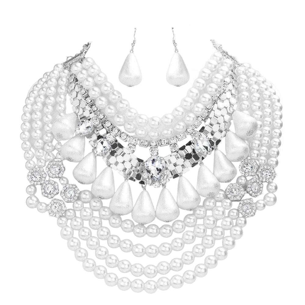 White Multi Layered Pearl Bib Statement Necklace