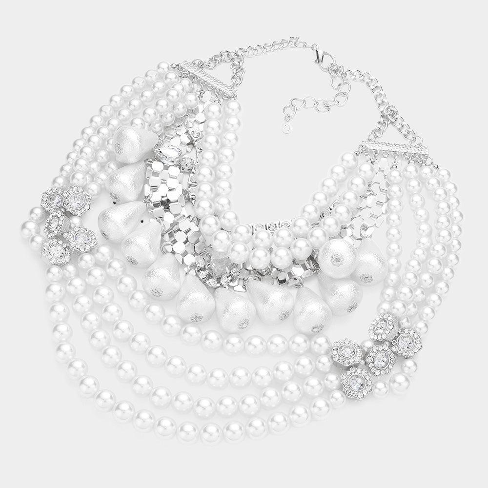 White Multi Layered Pearl Bib Statement Necklace