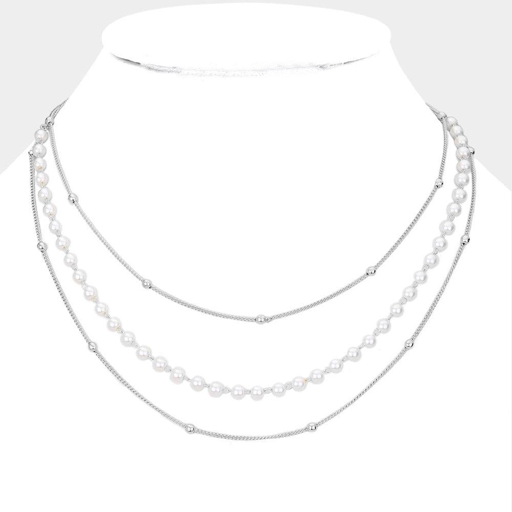 Pearl Metal Ball Chain Triple Layered Bib Necklace