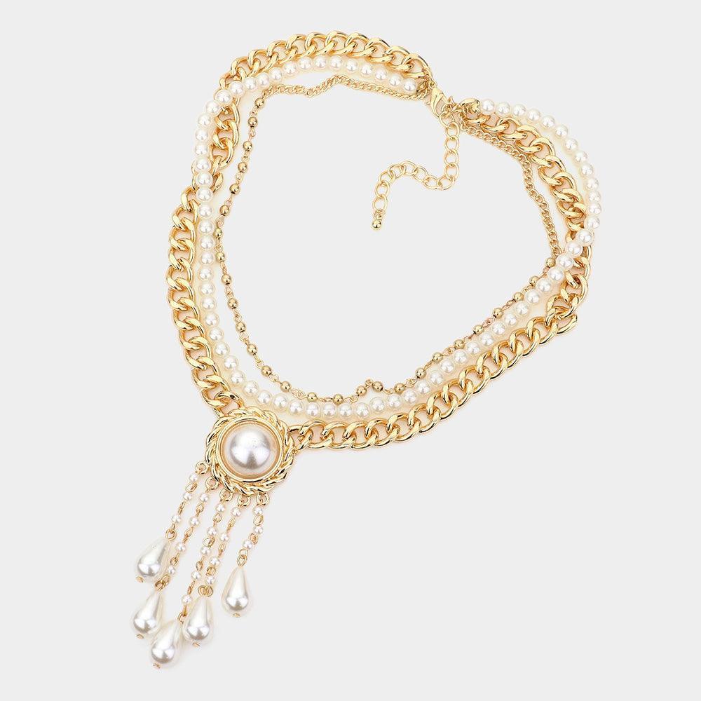 Cream Triple Layered Metal Chain Pearl Necklace - Jewelry Store by Erik Rayo