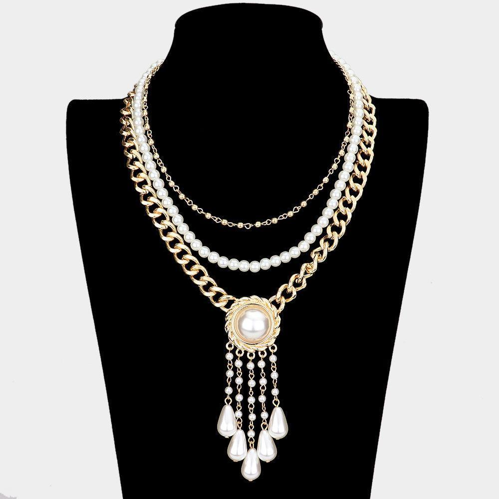 Cream Triple Layered Metal Chain Pearl Necklace - Jewelry Store by Erik Rayo