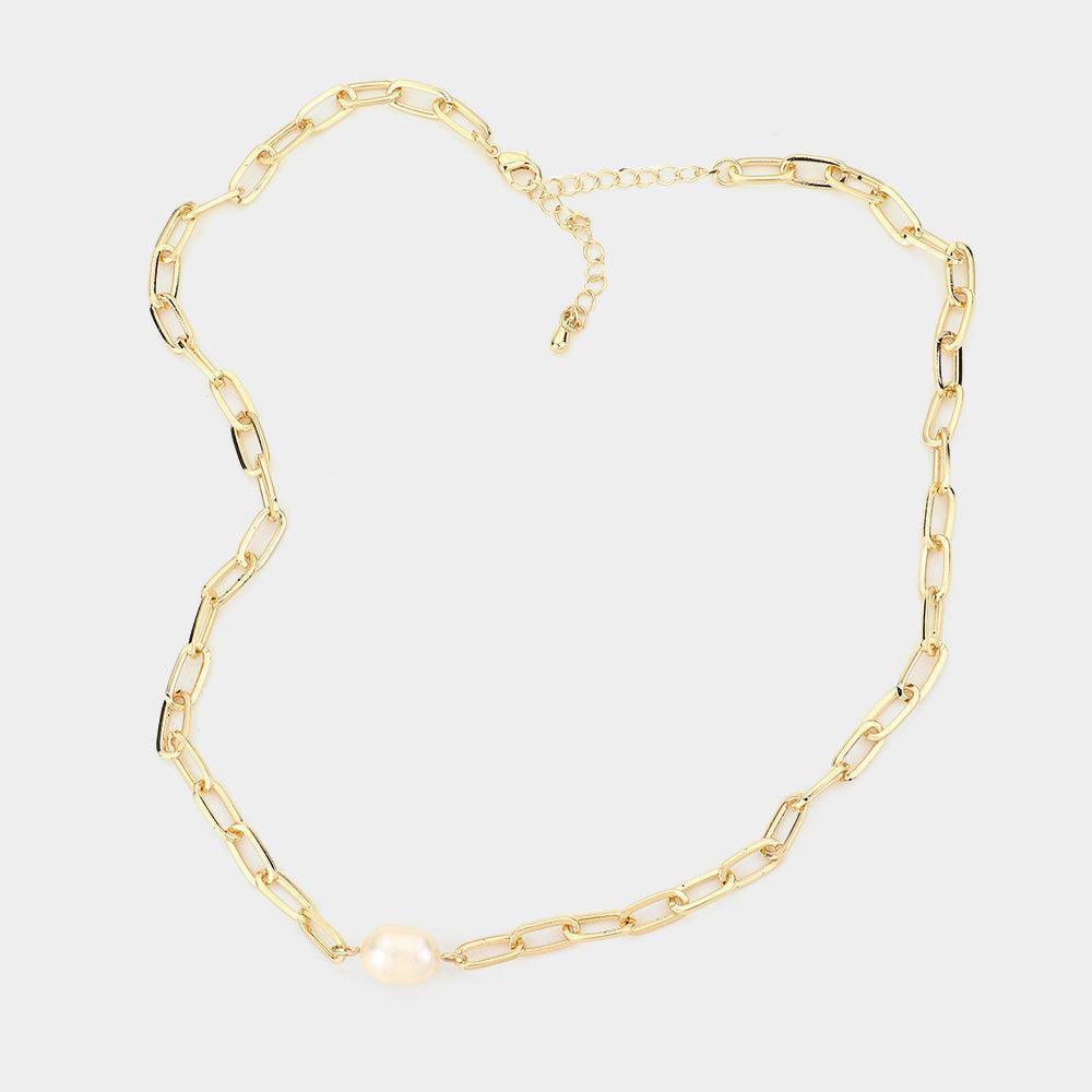 Gold Pearl Accented Open Metal Oval Link Necklace - Jewelry Store by Erik Rayo