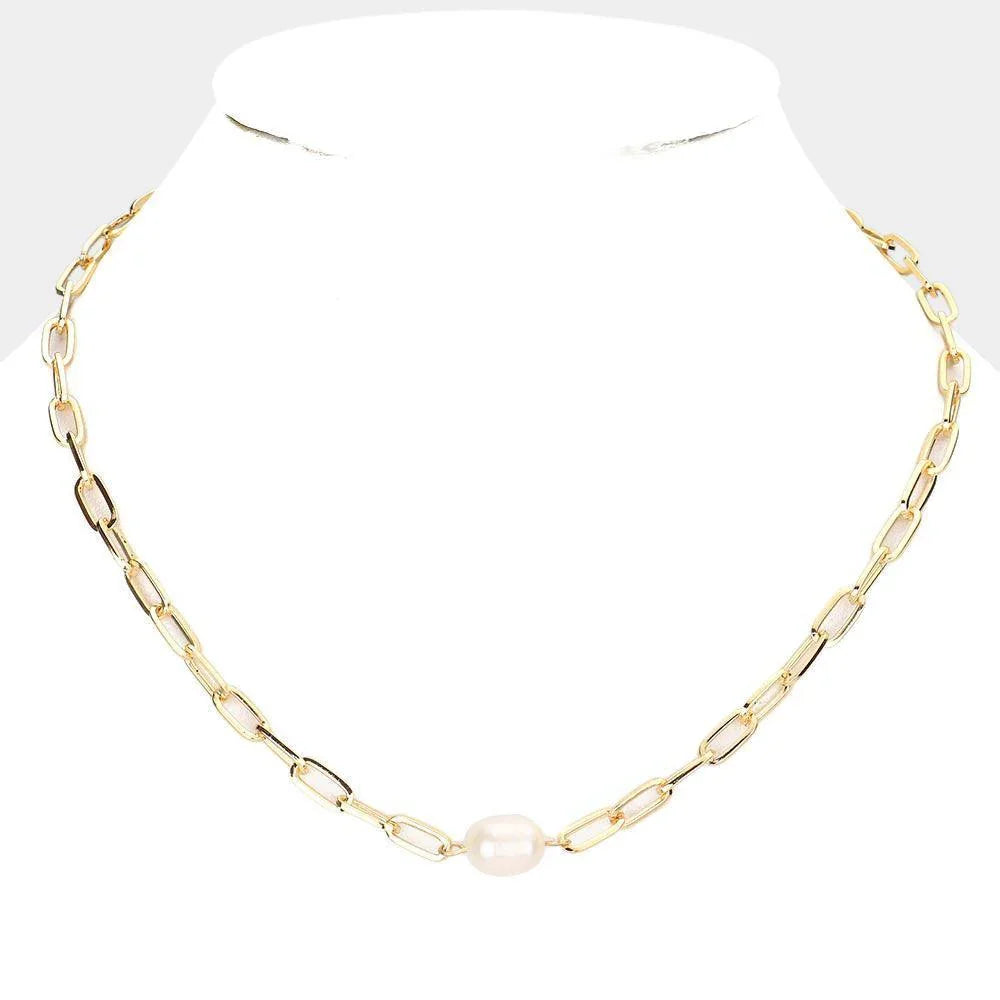 Gold Pearl Accented Open Metal Oval Link Necklace - Jewelry Store by Erik Rayo