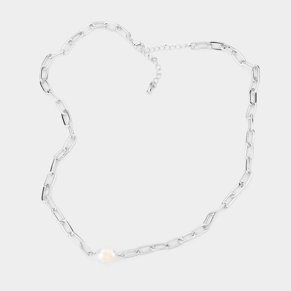 Pearl Accented Open Metal Oval Link Necklace - Jewelry Store by Erik Rayo