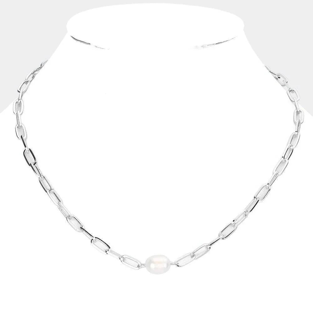Pearl Accented Open Metal Oval Link Necklace - Jewelry Store by Erik Rayo