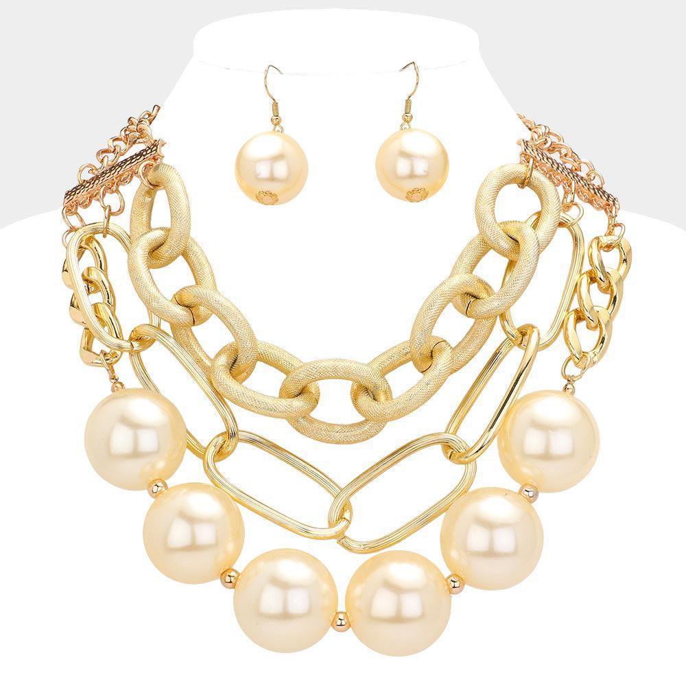 Cream Chunky Pearl Metal Chain Layered Statement Necklace - Jewelry Store by Erik Rayo