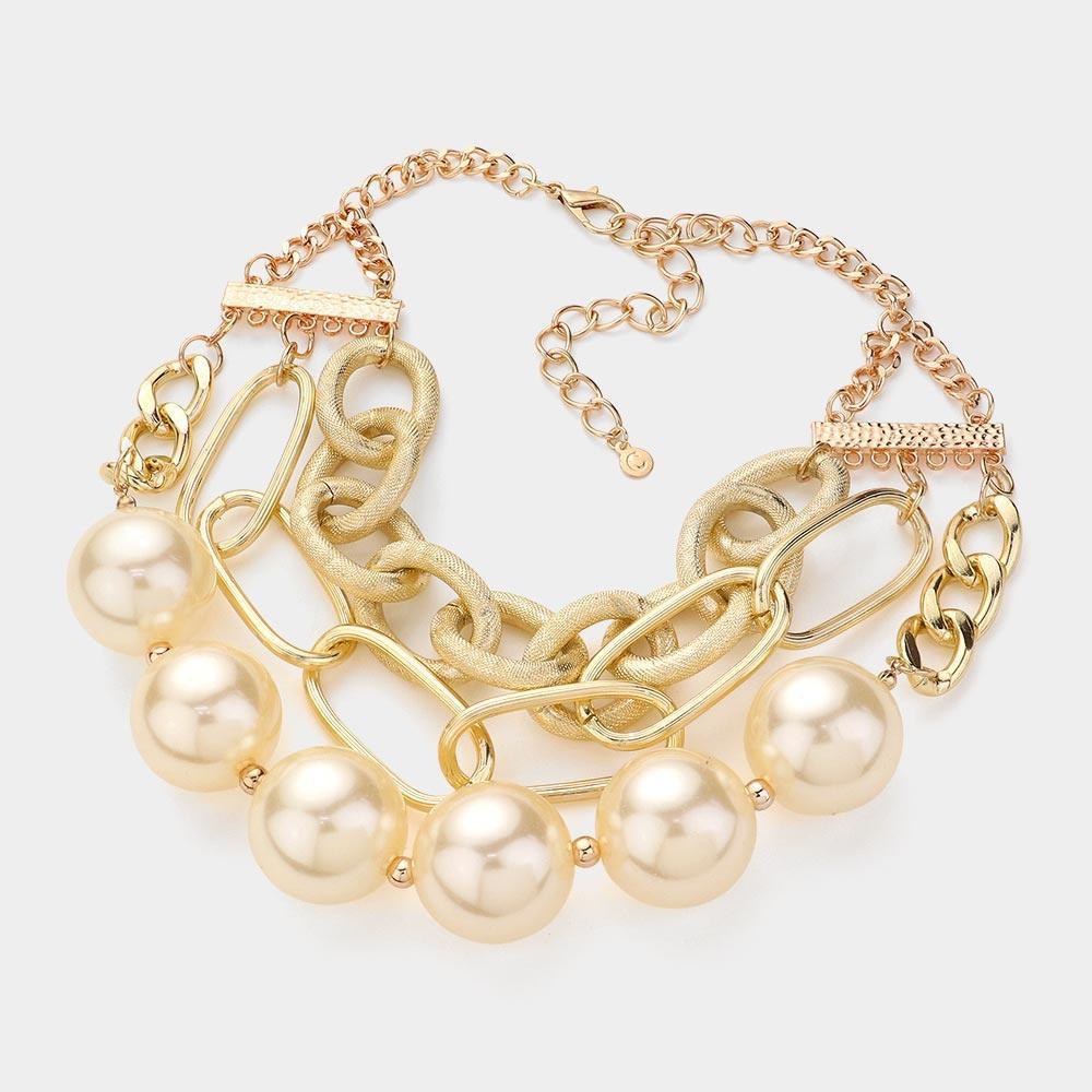 Cream Chunky Pearl Metal Chain Layered Statement Necklace - Jewelry Store by Erik Rayo