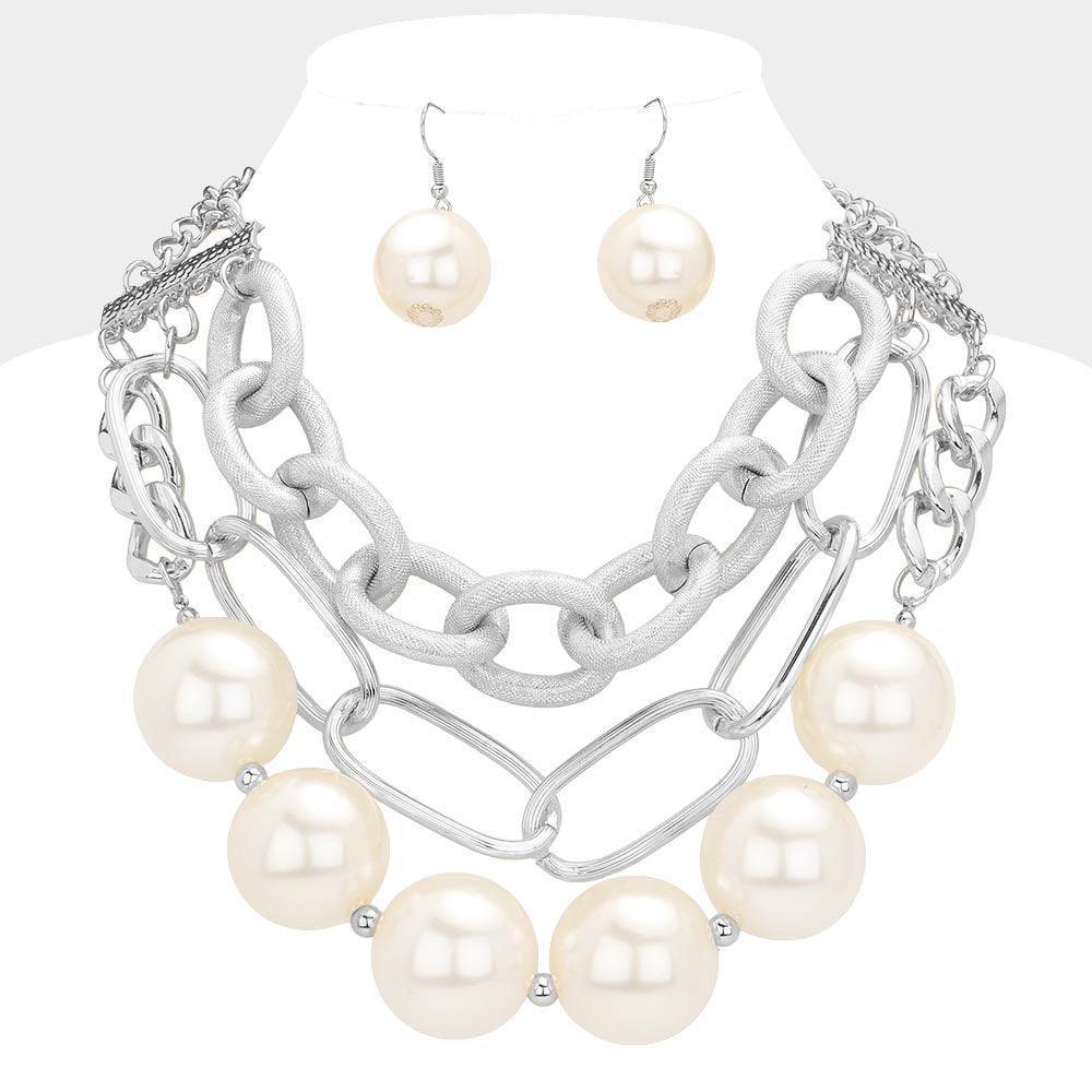 White Chunky Pearl Metal Chain Layered Statement Necklace - Jewelry Store by Erik Rayo