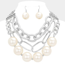 Load image into Gallery viewer, White Chunky Pearl Metal Chain Layered Statement Necklace
