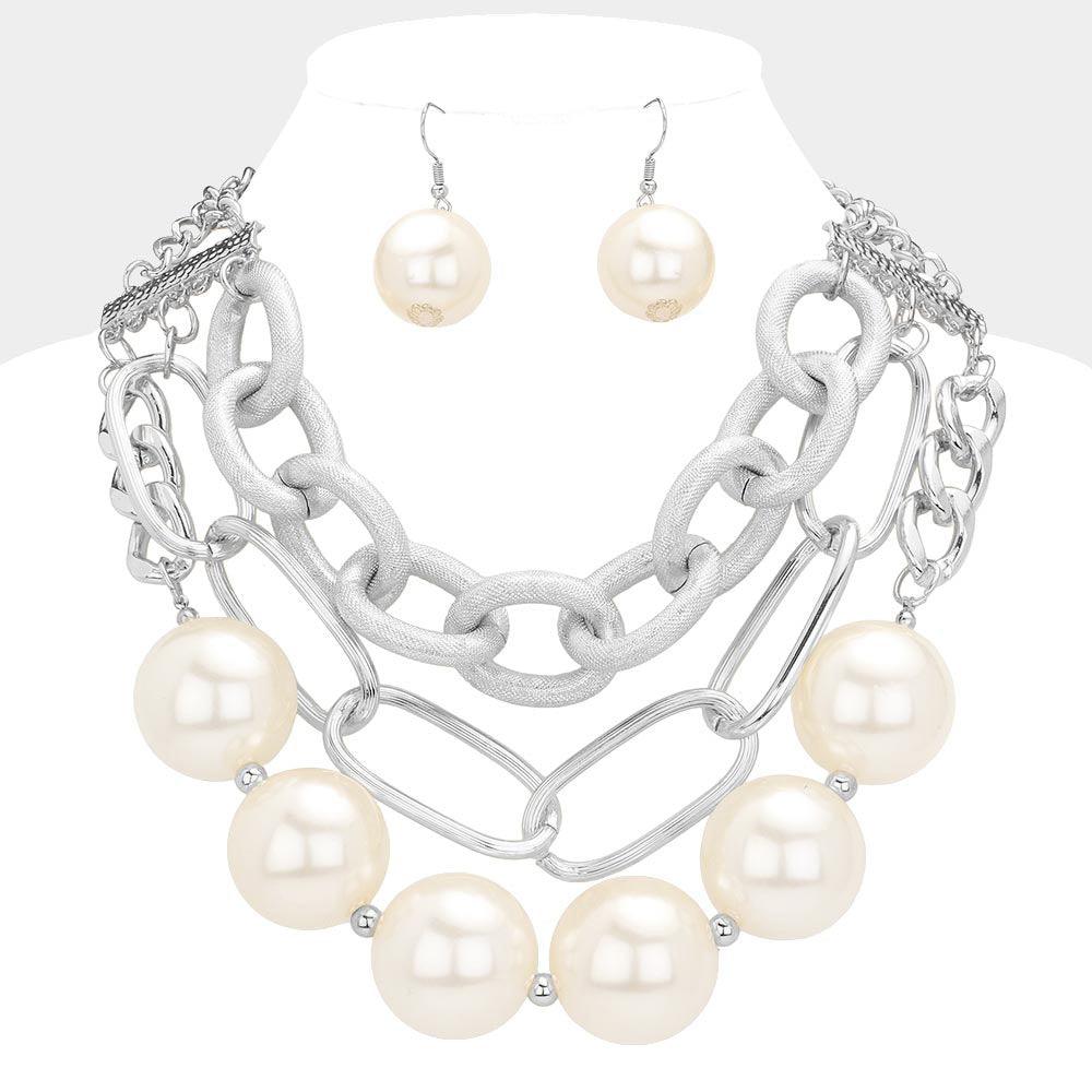 White Chunky Pearl Metal Chain Layered Statement Necklace