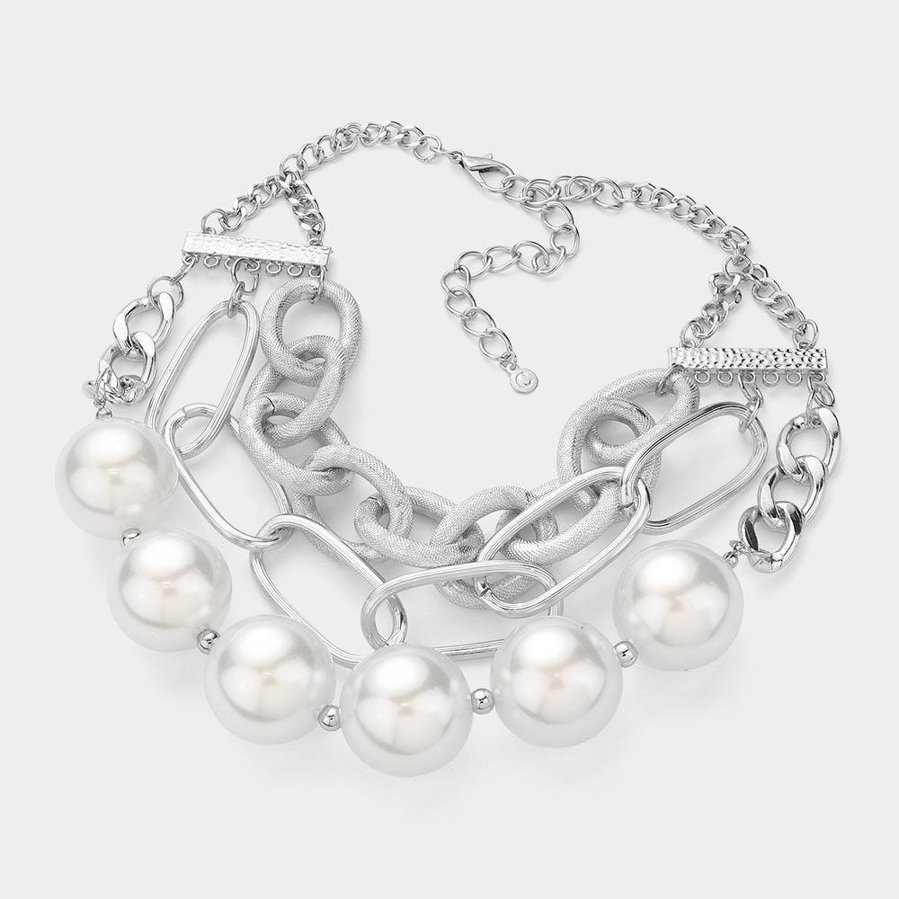 White Chunky Pearl Metal Chain Layered Statement Necklace - Jewelry Store by Erik Rayo