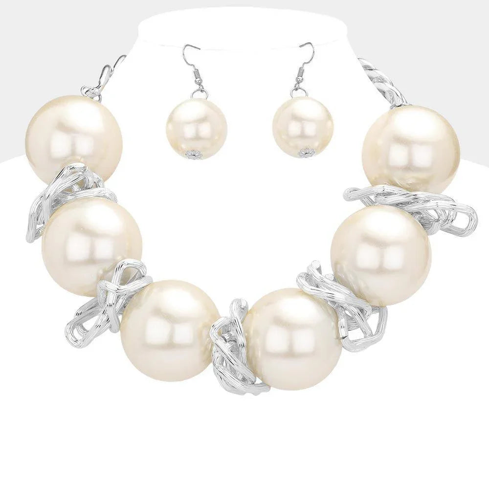 White Chunky Pearl Abstract Metal Statement Necklace - Jewelry Store by Erik Rayo